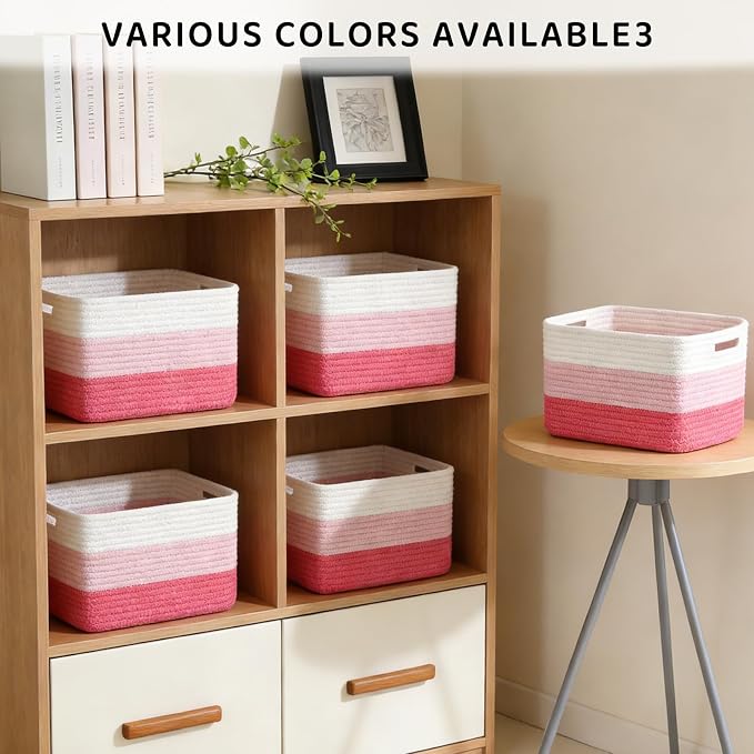 4 Pack Storage Baskets for Organizing, 11''Lx9''Wx8''H Woven Baskets for Storage Toys, Towels, Books, and Clothes, Cotton Rope Basket for Shelves with Handle White & Brown