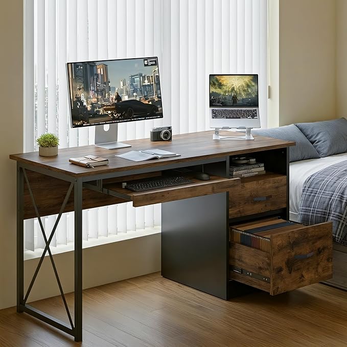 Bestier Office Desk with Drawers, 55 inch Industrial Computer Desk with Storage, Wood Teacher Desk with Keyboard Tray & File Drawer for Home Office, Rustic Brown