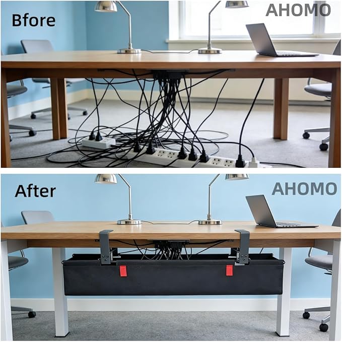 Under Desk Cable Management,No Drill 36",cord organizer,with Silicone Pads (No Scratch!)16 Cable Ties,Washable PE Honeycomb Base,Clamp/Screw Mount-Fits Any Desk 0-2.1",No Stinky Cardboard! Black