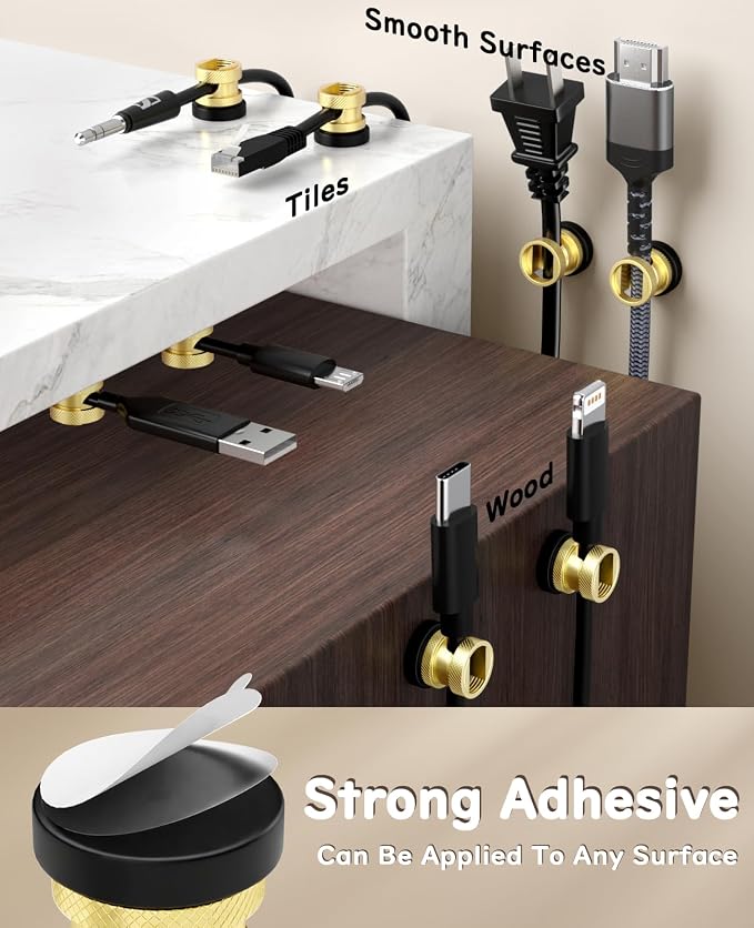 Maveek Magnetic Cord Clips 6 Pack, Wire Organizer Metal Cable Clips Adhesive Cable Management For USB Charging Cords, Desk Office Car Dash Cam Nightstand (Premium Gold Edition)