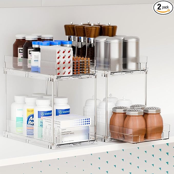 2 Set,2 Tier Pull Out Cabinet Organizer for Supplement and Medication Bottle Organizers,10.4" Deep Pantry Organizers Drawer and Sliding Clear Under Sink Organizer for Bathroom Vanity and Under Counter