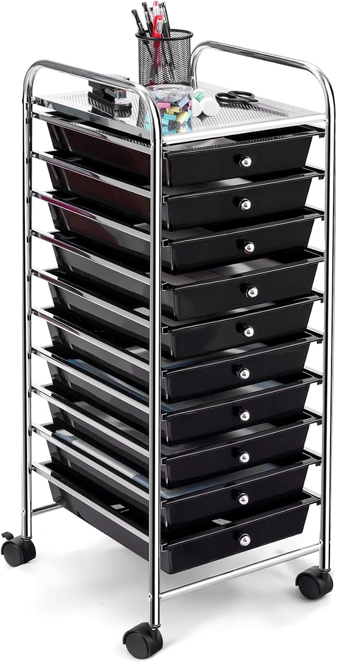 COSTWAY 10-Drawer Rolling Storage Cart, Utility Mobile Trolley | Removable Drawers & Universal Casters & 2 Brakes, Versatile Flexible Drawer Organizer Cart for Home, Office (Black)