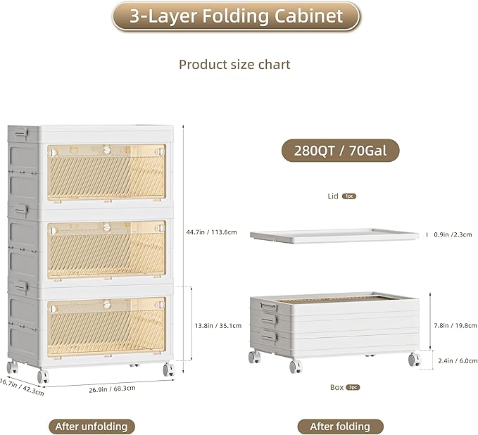 280 QT / 70 Gal Large Foldable Storage Cabinet with Wheels - Extra Capacity, Transparent Front & Back Doors, One-Pull Assembly, Silent Casters for Garage/Stockpile (PP Material)