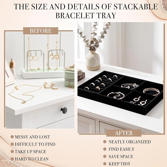 Unittype Set of 4 Stackable Jewelry Organizer Tray for Drawer Inserts Velvet Necklace Earring Bracelet Ring Holder Jewelry Display Storage Box for Bangle Stud Necklace Ring (Mixed Styles,Black)