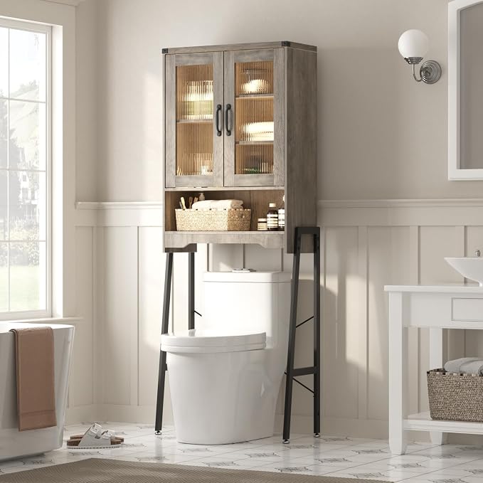 Over The Toilet Storage Cabinet with Tempered Glass Doors and Adjustable Shelf, Bathroom Organizer with Metal Stand Space Saver Over Toilet , Modern Toilet Rack for Bathroom, Restroom, Laundry, Grey