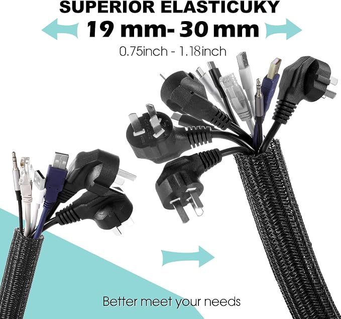 AGPTEK Cable Sleeve Desk Cable Management, 20ft - 1.2 inch, Black | Under Desk Cord Protector, Cable Wrap Wire Hider, Computer TV Wire Loom Tubing, Protect Cord from Cat Dog Chewing