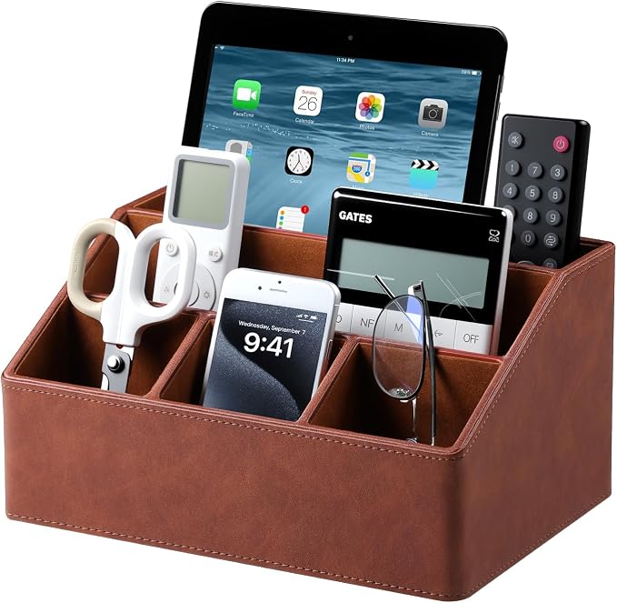 Desk Organizer Caddy with 5 Compartments for Office Art Supplies, PU Leather Nightstand Organizer Pencil Pen Desk Caddy for Home, Desktop TV Remote Control Holder Storage (Brown)