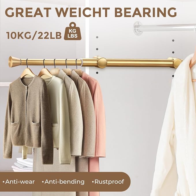 12" Valet Rod for Closet Pull Out, 2Pcs Adjustable Expandable Stainless Steel Valet Rod, Heavy Duty Slide-Out Closet Rod for Hanging Clothes, Suits & Freshly Pressed Items, Gold
