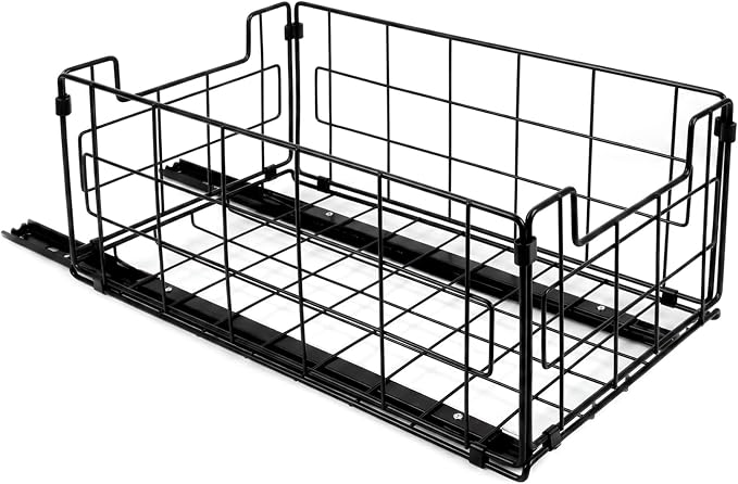 Pull Out Cabinet Sliding Basket Organizer, No Drill, Black | Heavy Duty Slide Out Drawer for Kitchen Cabinet, Adhesive Sliding Shelves for Kitchen Bathroom Home, 13.8"D x 8.5"W x 6.3"H