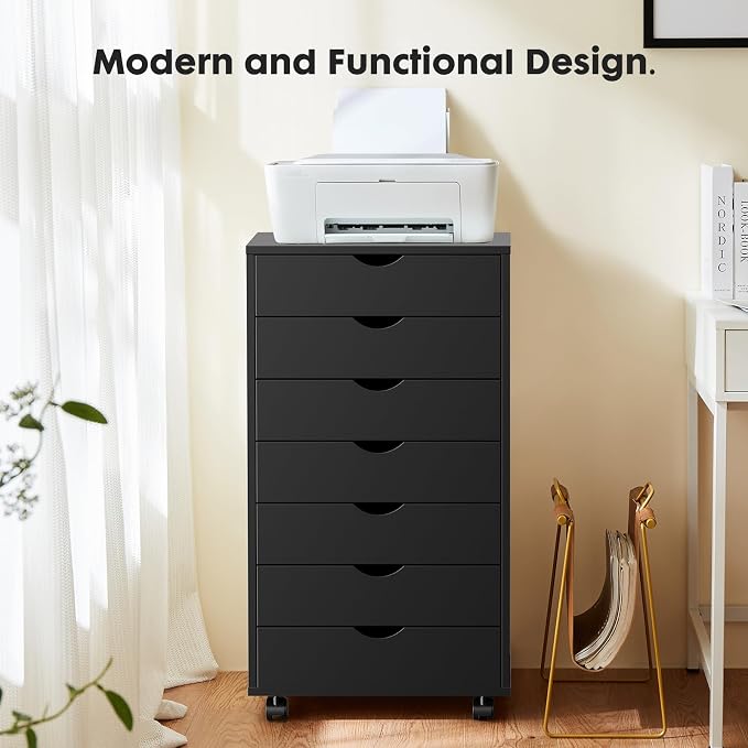 OLIXIS 7 Drawer File Cabinet on Wheels, Printer Stand | Fits Under Desks, Wood Storage Organization Holds Printer, Office Supplies, Not For Hanging Files, For Home Office Use Black