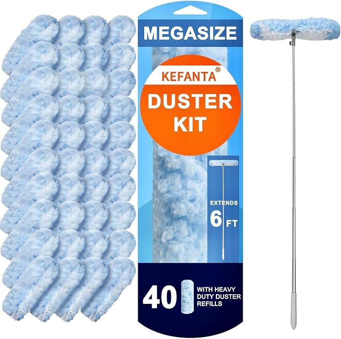 Duster Refill Kit with 6ft Super Extendable Handle for Swiffer, 40Pcs | 6ft Super Extendable Handle,Compatible with Swiffer, 360° Disposable Microfiber Dusting Pads