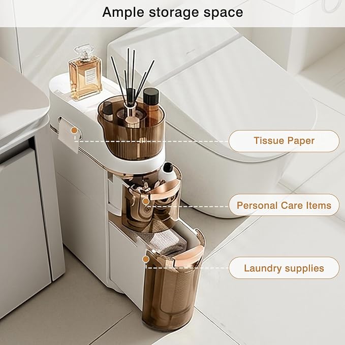 VECELO 2-Tier Slim Bathroom Storage Cabinet with Wheels, Skinny Bathroom Storage Cabinet with Drawers, Toilet Paper Holder, Movable Narrow Floor Cabinet for Small Space, Bathroom