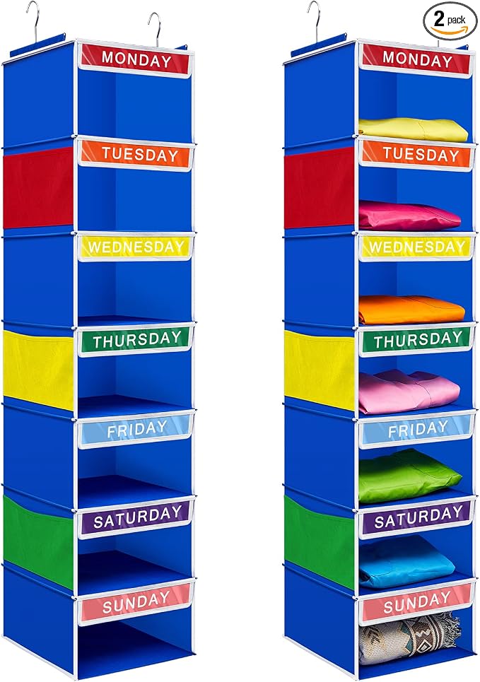 Amylove 2 Pcs 7 Shelf Weekly Clothes Organizer for Kids Hanging Closet Organizer 11. 8 x 11. 8 x 50 Inches Daily Activity Kids Clothes Storage Drawers Cube Drawers Closet Hanging Shelves(Blue)