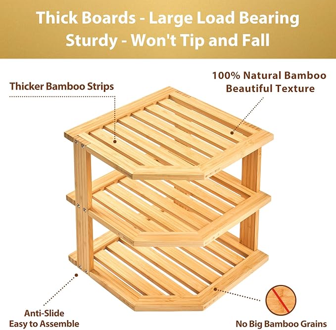 Umilife Plate Organizer for Cabinet, Bamboo Corner Shelf, Dish & Bread Organizer, Spice Rack, Kitchen Bathroom Countertop Storage Organization Space Saver