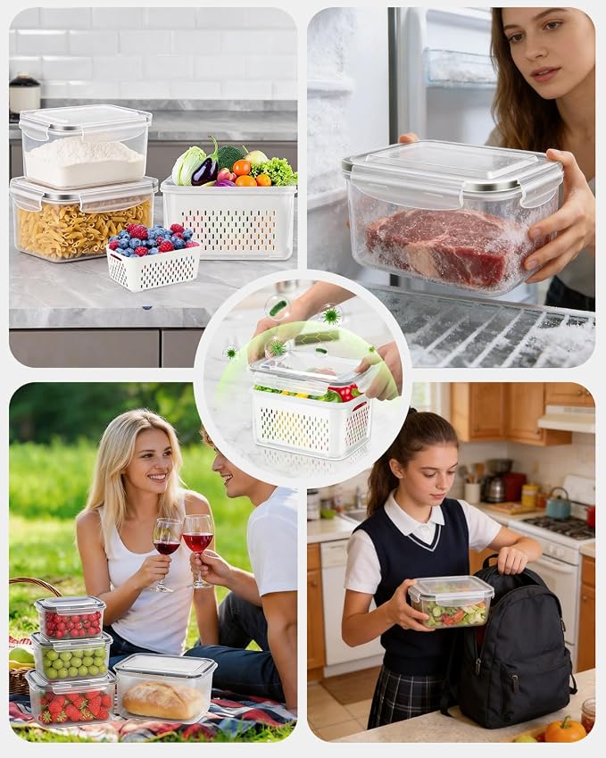 4 Pack Fruit Storage Containers for Fridge Fresh Produce Saver Berry Keeper | Airtight Food Container Set with Colander Lettuce Keep Fresh BPA Free Plastic Refrigerator Organizer Freezer Dishwasher Safe