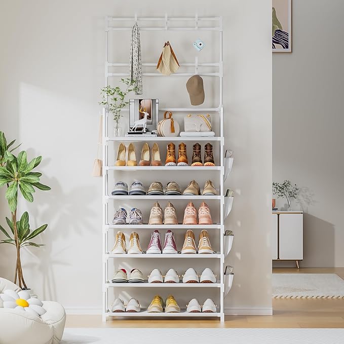 OYREL Shoe Rack 7 Tier Shoe Organizer Storage 21-28 Pairs | Closet Shoes Rack for Front Door Entrance Shoe Rack Organizer with Hooks Side Pocket Entryway Large Capacity Shoe Shelf Tower