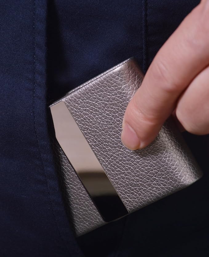 Business Card Holder with Ultra Slim Design,Business Card Case with Premium PU Leather, Suit Pocket Metal Card Holder for Women/Men,Professional Name Card Holder with Magnetic Shut (Silver)