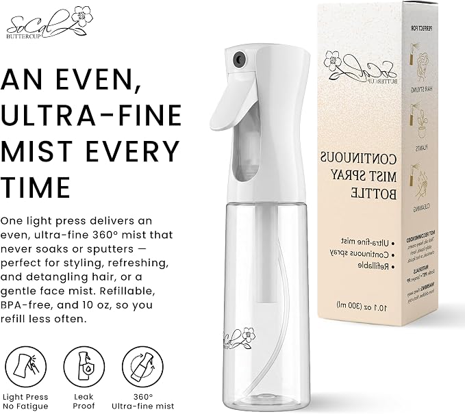 Continuous Spray Bottle for Hair – Slim Design - Fine Mist Water Sprayer for Hairstyling, Curly Hair – Refillable Mister Bottle with 360 Spray – Travel Size Hair Water Bottle