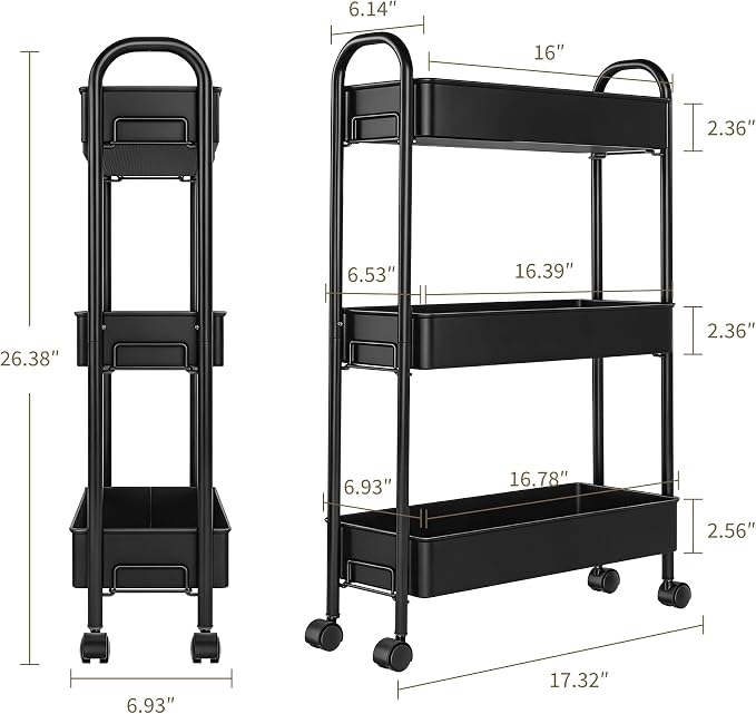 Slim Rolling Cart, Metal Frame Utility Rolling 3-Tier Narrow Storage Cart with Handle Kitchen Storage Organizer, Mobile Shelving Unit for Bathroom Kitchen