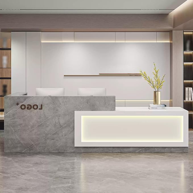 Modern Reception Desk with Counter, Front Desk Reception Counter with Lockable Drawer, Keyboard Tray & Storage Cabinet, Solid Wood Receptionist Table for Salon Office Lobby (H - Right, L 300cm/118in)