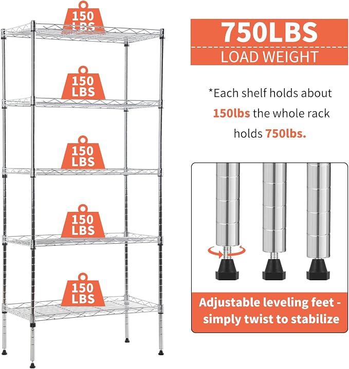 5-Tier Shelving Unit Adjustable Metal Shelves 48" H Storage Rack Wire Shelf for Pantry Kitchen Closet Organization Space Saving, 750LB Capacity, 11.6" D x 21.5" W x 47.6" H, Chrome