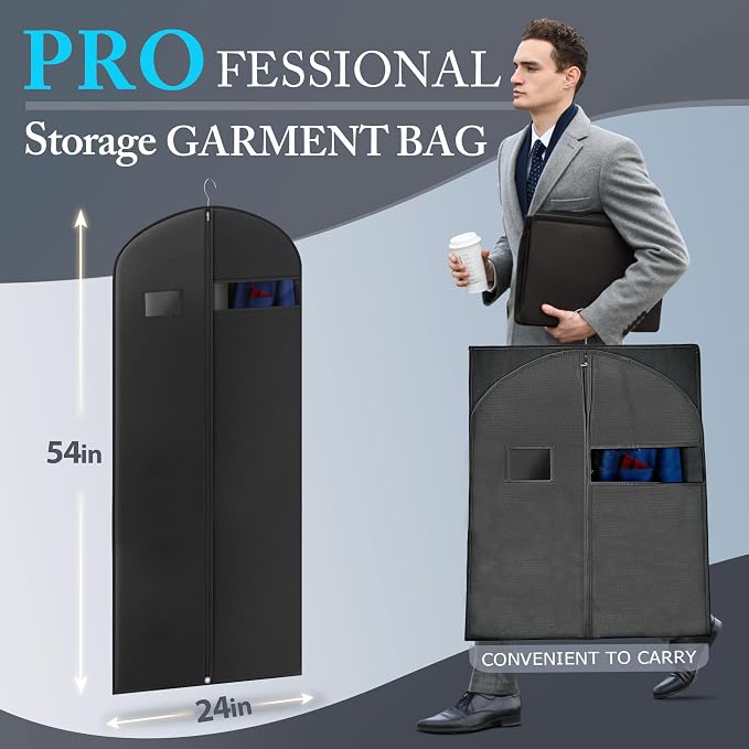 5 Pack 54-inch Suit Bag Garment Bag for Travel and Storage, Garment Bags for Hanging Clothes with Zipper and Visible Transparent Window, Black