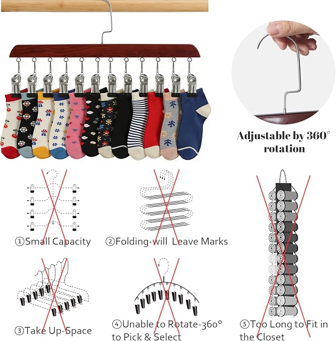 Space Saving Hanging Clothes Organizer with 12 Clips Multi-Purpose Storage for Leggings, Jeans, Skirts, Scarves, Hats, Socks(Vintage-1PC)