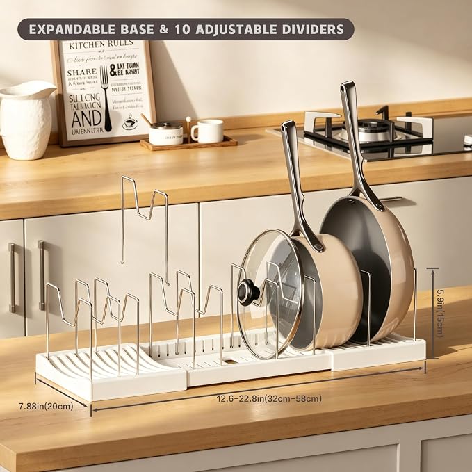 Magheo 2 Pack Pots and Pans Organizer Under Cabinet, Expandable 12.6"-22.8" Kitchen Cabinet Organizer Holder with 10 Adjustable Dividers for Food Storage Container Lid, Cookie Sheet, Cookware(White)