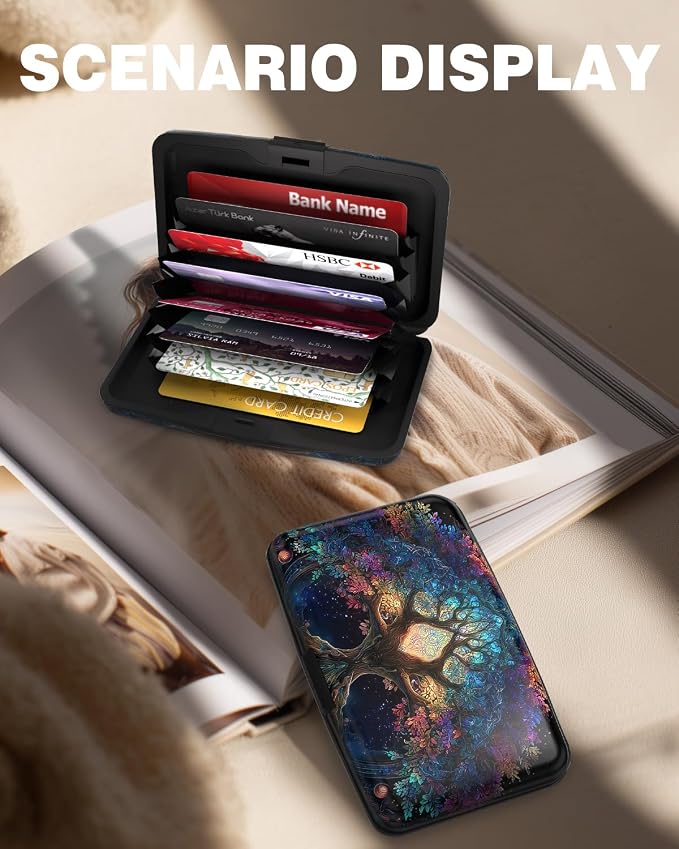 Maicican Credit Card Holder, Mini RFID Blocking Aluminum Wallet | Slim Metal Hard Case Travel Wallet ID Case for Women and Men, 4.3 x 2.9 Inches, Colorful Tree