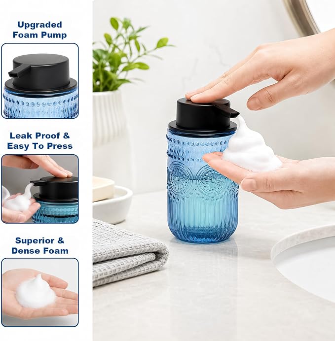 Glass Foaming Hand Soap Dispenser, 13.8 oz Kitchen Dish Soap Dispenser with Black Foam Pump,Blue Foam Soap Dispenser for Bathroom Decor