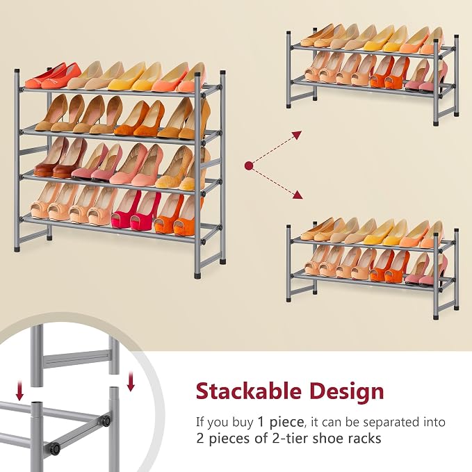 Tajsoon Expandable Shoe Rack for Closet 4 Tier, 28“-41“Stackable, Grey | Adjustable Shoe Organizer Closet Shoe Rack Floor, Metal Shoe Shelf Storage for Entryway, Closet, Garage, Front Door Entrance