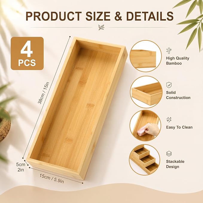 4 Pcs Bamboo Drawer Organizer Stackable Utensil Organizer for Kitchen Bamboo Storage Box Wood Silverware Tray for Drawer, Dresser, Bathroom (15" X 6" X 2")