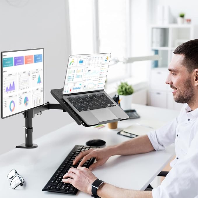 WALI Dual Arm Laptop and Monitor Desk Mount for 17" Notebook and Up to 27" Screen, Fully Adjustable Monitor Arm with Laptop Tray, VESA 75x75 100x100, Holds up to 22 lbs, Black (M001LP)
