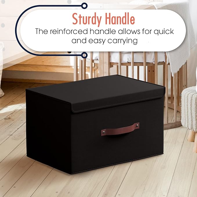 Ornavo Home 3 Pack Collapsible Storage Bins with Lid, Foldable Linen Fabric Shelf Storage Basket Closet Organizer and Large Storage Box for Clothes with Leather Handles, 15 x 10 x 9, Black