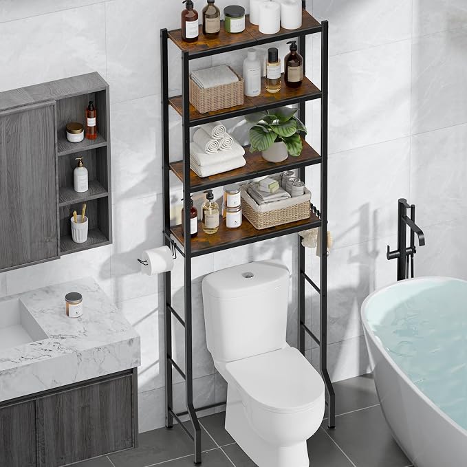 Kitsure Over The Toilet Storage Rack, 4-Tier Metal Frame | Small Bathroom, Space Saving Storage, Heavy Duty Metal Frame, Easy Assembly, Brown & Black, 72.6"H