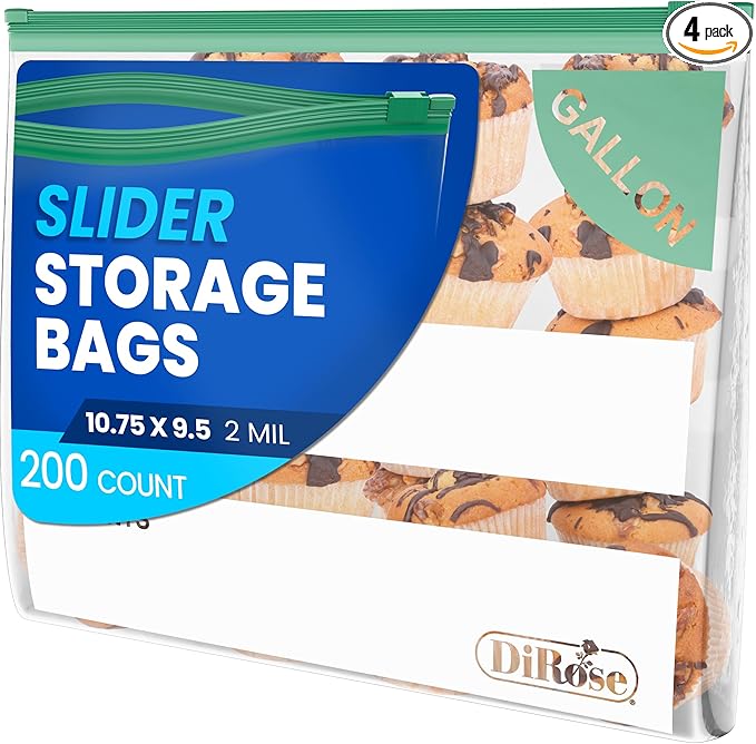 DiRose Gallon Slider Storage Bags, Easy Open Zip, Ideal for Food Storage and Organization, 200 Count