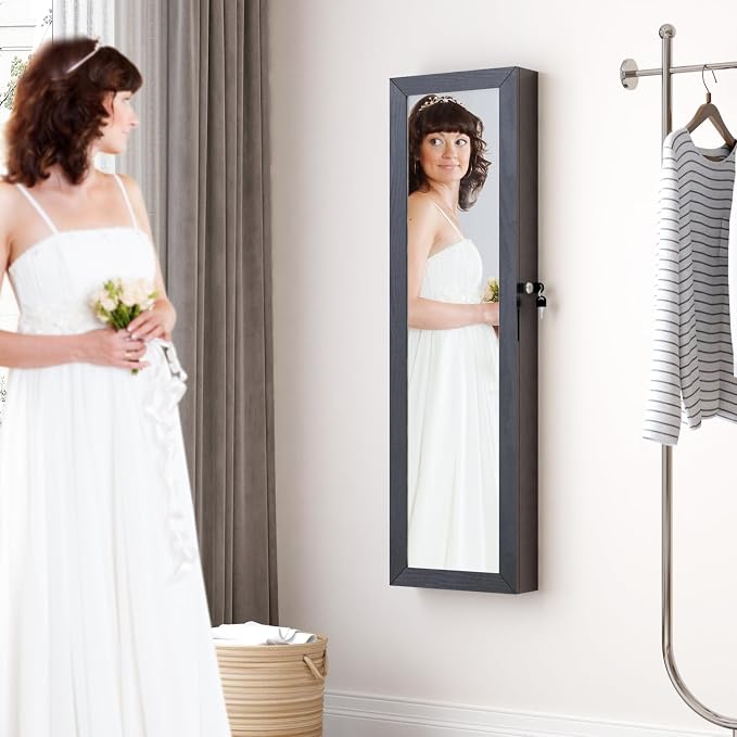 Full Length Mirror Jewelry Cabinet Organizer Lockable Door Wall-Mounted Jewelry Armoire with Shelves and Behind the Door Storage Black