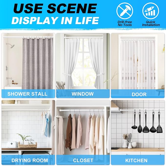 White Tension Curtain Rod for Windows 28 to 48 inch, Adjustable Extendable Pressure Spring Curtain Rod No Drilling, 7/8" Spring Tension Rod for Bathroom Bedroom Doorway Closet Door