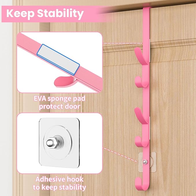 Kaiferty Over The Door Hooks, Metal Door Hooks for Hanging, Over The Door Purse Organizer for Door Coat Hanger, Back of Shower for Hanging Towel Rack Clothes, Hat, Bathroom, Closet (Pink-2Packs)