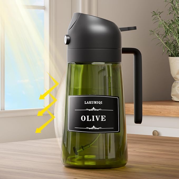 Oliver Oil Sprayer Dispenser for Cooking Bottle 16oz Green Glass 2pcs Black | 2-in-1 Lightproof Borosilicate Glass Oil Bottle, Wide Mouth for Easy Refill Clean