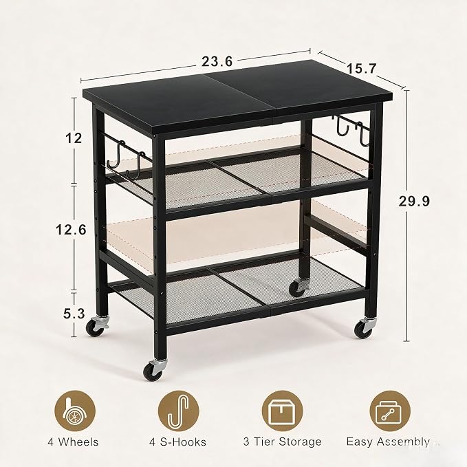 Rolling Kitchen Microwave Cart, 3 Tier Microwave Stand with Wheels, Bathroom Organizers and Storage Shelf, Coffee Bar Table Station, Utility Side Table for Living Room Office (Black)