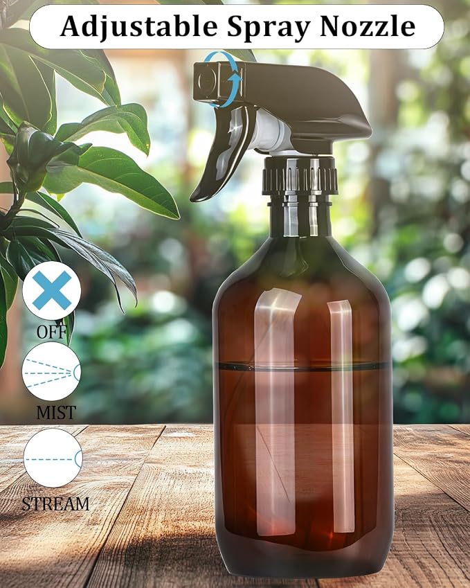 2 Pack 360° Spray Bottles, 16 oz Plastic Small Containers with Adjustable Spray Nozzles, Spray Bottles for Hair, Cleaning Solutions, BBQ and Plants Amber