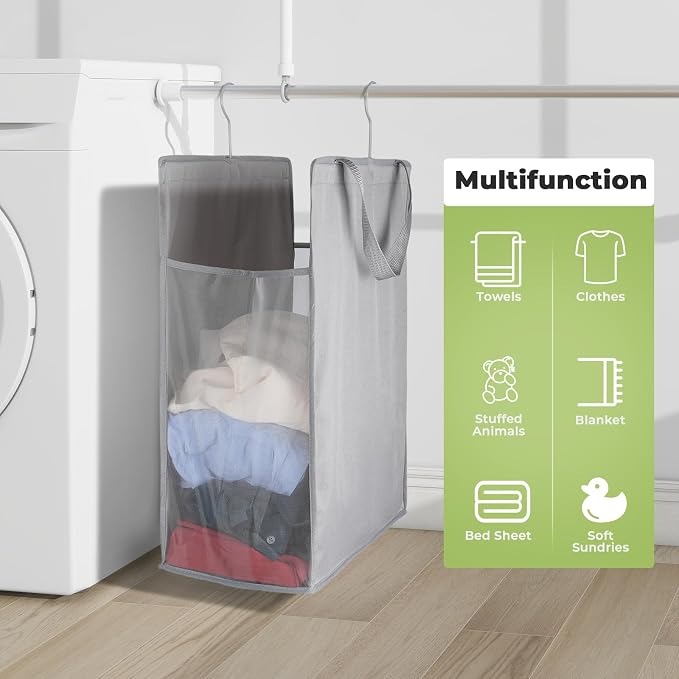 FENTEC Fentec Hanging Laundry Hamper, Hanging Laundry Basket, Slim Laundry Hamper Bag with Handles, Portable Hanging Closet Hamper, Mesh Heavy Duty Hanging Laundry Bag (Grey,1 Pack)