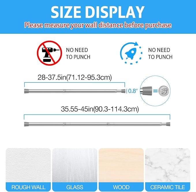 2 Pack Spring Tension Rods 28-45in, 5/8 Inch Diameter Silver No Drill Spring Loaded Adjustable Extendable, Small Short Tension Curtain Rod for Windows Kitchen Doorway Closet Cupboard