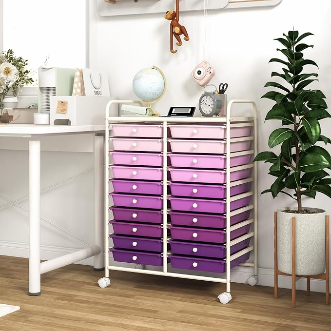 DREAMADE Rolling Cart with Storage Drawers, Utility Cart w/Removable Plastic Drawers, Lockable Wheels, Art Cart for Classroom Organization Art Supplies Office Scrapbook (20 Drawers, Purple Gradient)