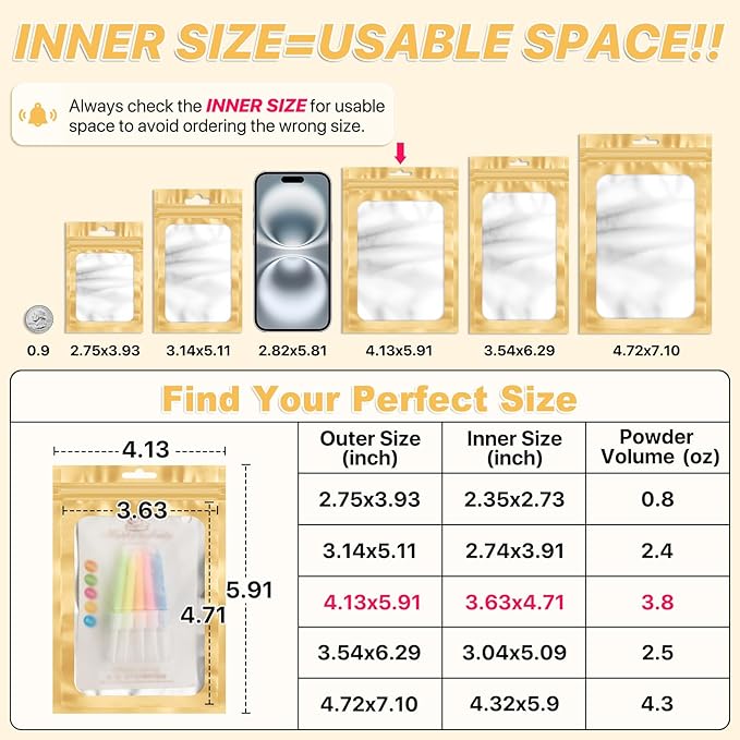 ANZNKU 100 PCS Resealable Mylar Bags with Frosted Clear Window Packaging Bags Foil Pouch Zipper Bag for Food Self Sealing Storage Supplies (4.13x5.91, Light Gold)
