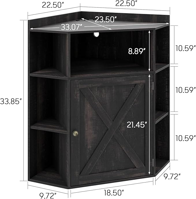 Halitaa Corner Storage Cabinet, Farmhouse Corner Bookshelf with Storage 6-Cubby Wooden Cabinet with USB Ports and Outlets Industrial Organizer for Small Space, Study, Playroom, Living Room