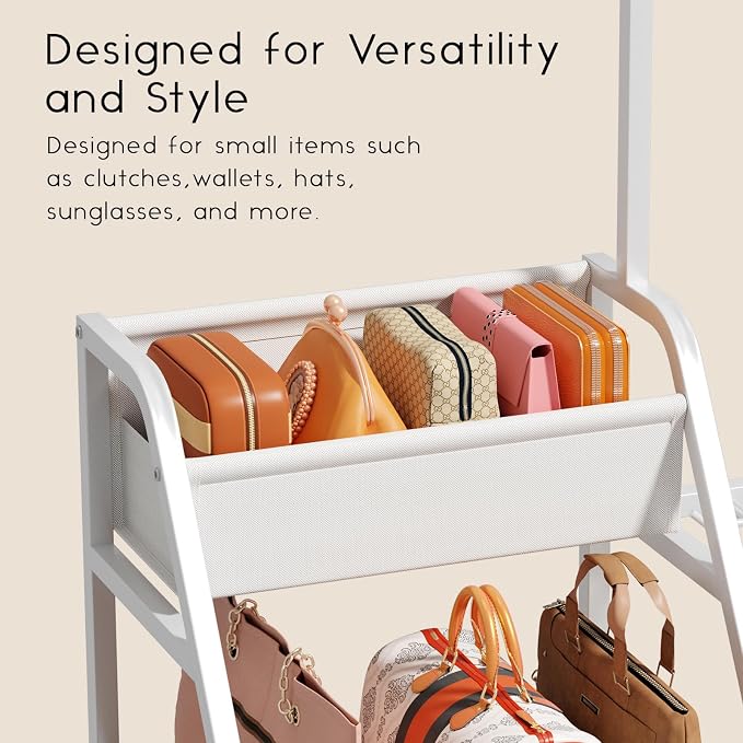Homsorout Purse Organizer for Women - 3-Tier Storage Stand & 12 Fixed Hooks, Visible Backpack Storage, Space-Saving Bag Organizer Rack for Home, Closet, White