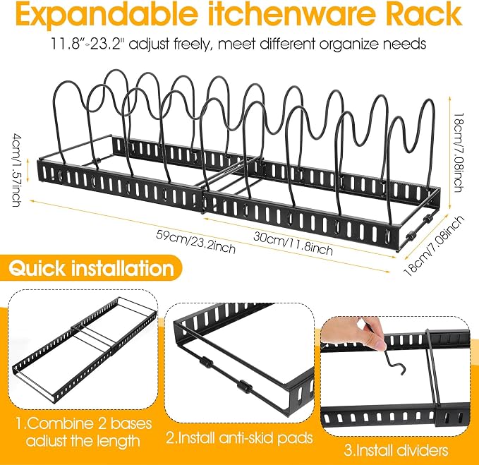 2 Pack Pot and Pan Organizer Expandable 12-23 Inch Pot Lid Pan Organizers Inside Cabinet with 14 Adjustable Dividers Heavy Duty Iron Storage Rack for Pots Pans Lids Black