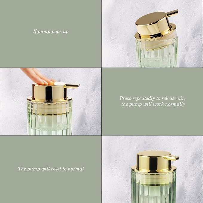 Amolliar Foaming Soap Dispenser, 8OZ Green Glass Soap Dispenser with Plastic Pump, Refillable Hand Soap Dispenser for Bathroom, Kitchen, Shower, Lotion, Dish Soap Dispenser, Home Decor, Gold 2 Pack